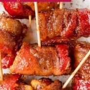 Bacon Wrapped Dates Pinterest graphic with text and photos.