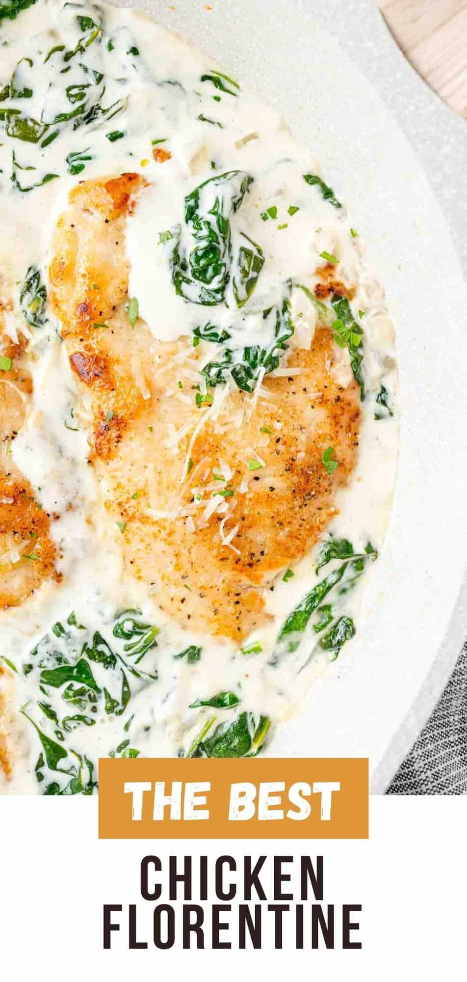 Chicken Florentine Pinterest graphic with text and photos.