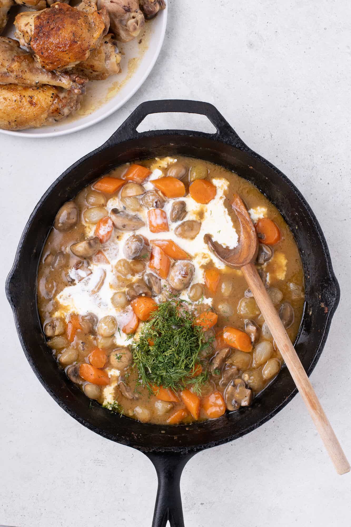 Cream and dill added to pan.