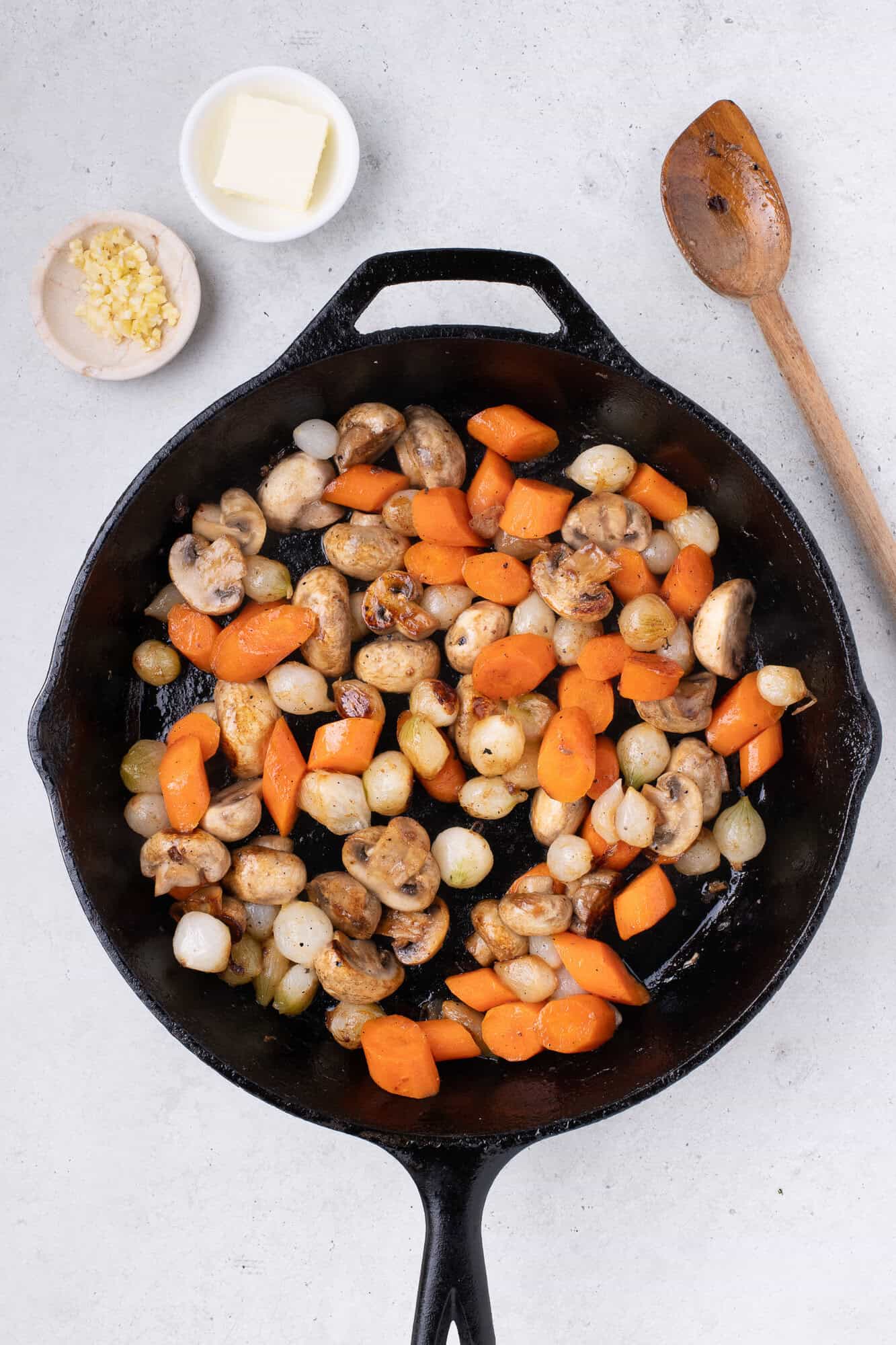Vegetables in skillet, after sautéing. 