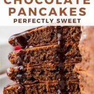 Chocolate Pancakes Pinterest graphic with text and photos.