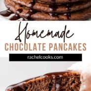 Chocolate Pancakes Pinterest graphic with text and photos.