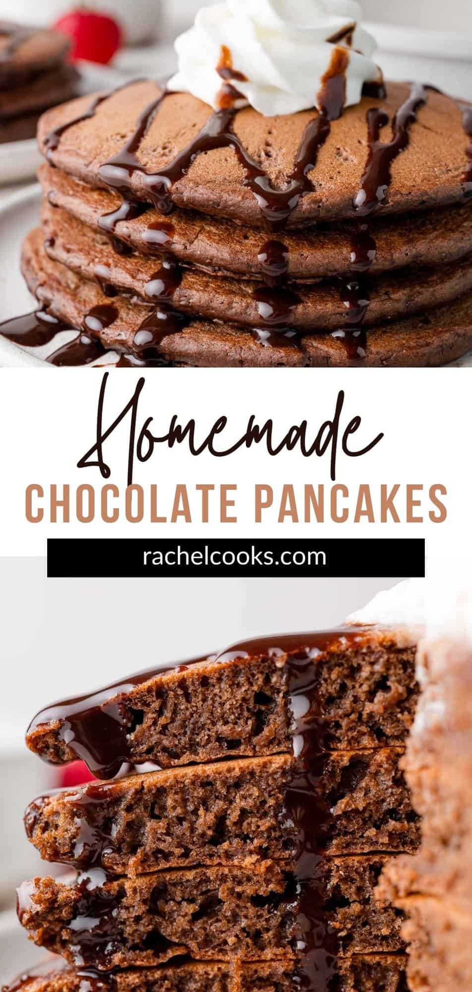 Chocolate Pancakes Pinterest graphic with text and photos.