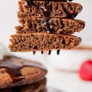 Chocolate Pancakes Pinterest graphic with text and photos.