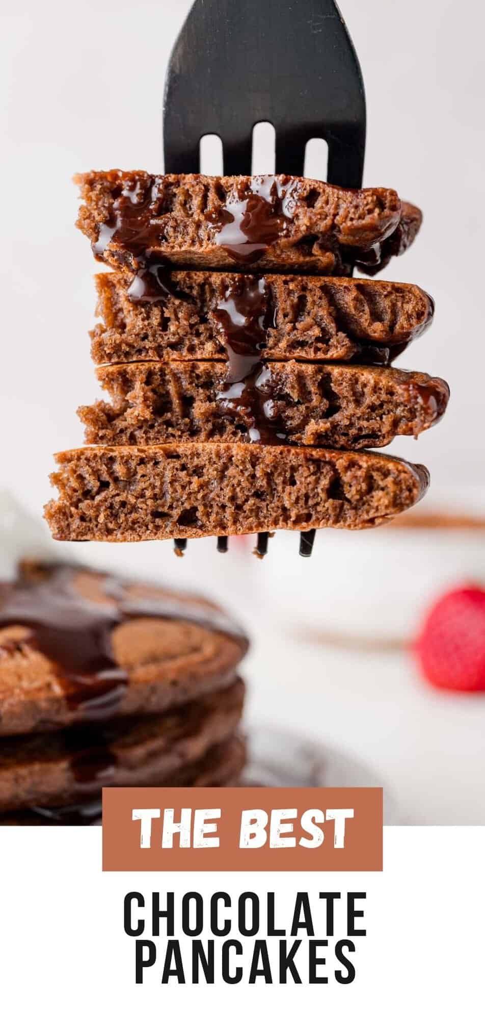 Chocolate Pancakes Pinterest graphic with text and photos.