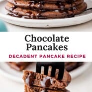 Chocolate Pancakes Pinterest graphic with text and photos.