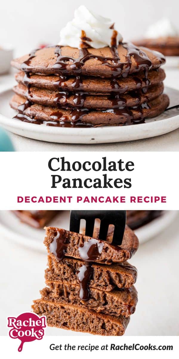Chocolate Pancakes Pinterest graphic with text and photos.