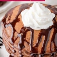 Chocolate Pancakes Pinterest graphic with text and photos.