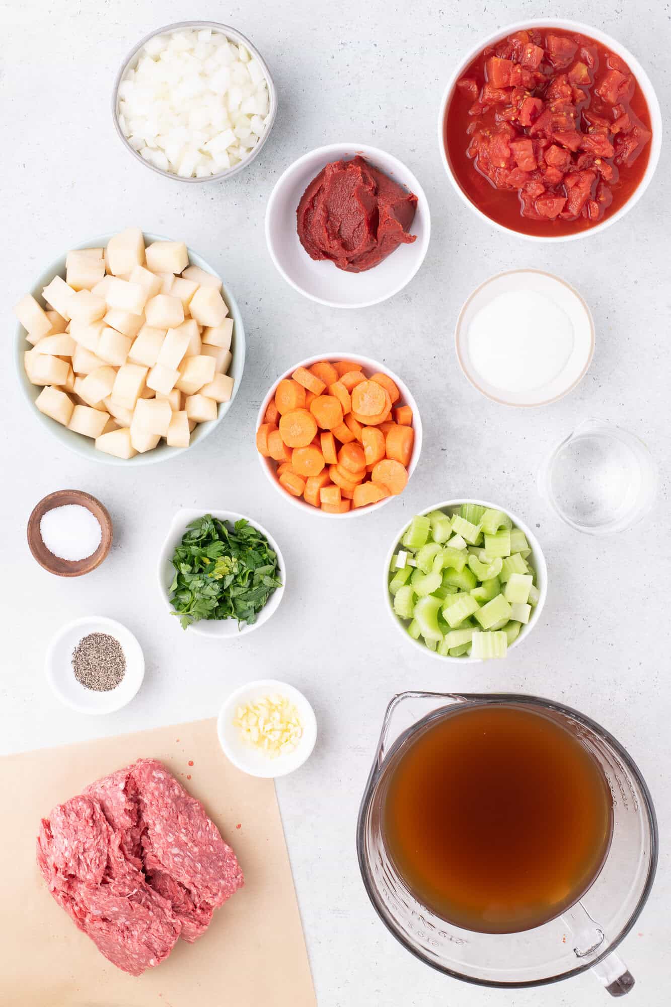 Overhead view of ingredients needed for soup.
