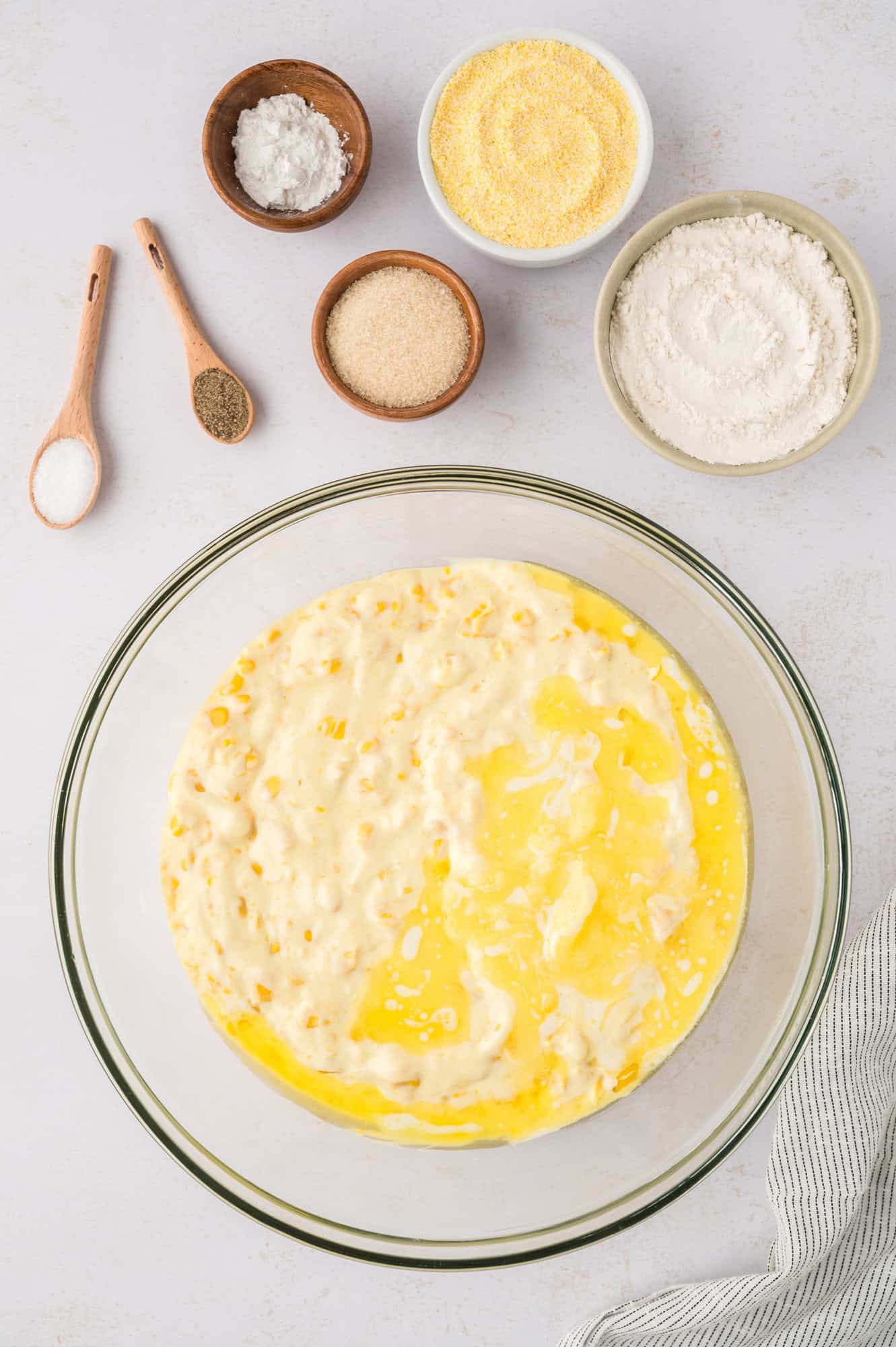 Melted butter added to wet ingredients.