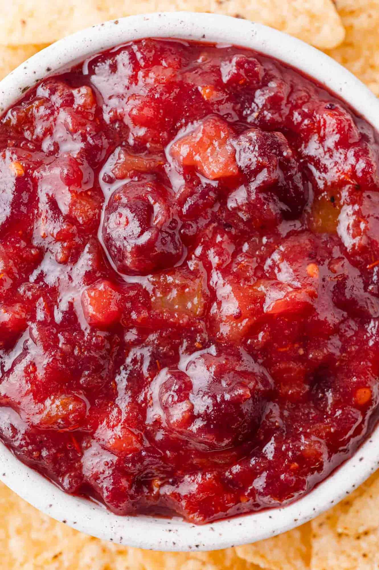 Cranberry sauce in a glass bowl.