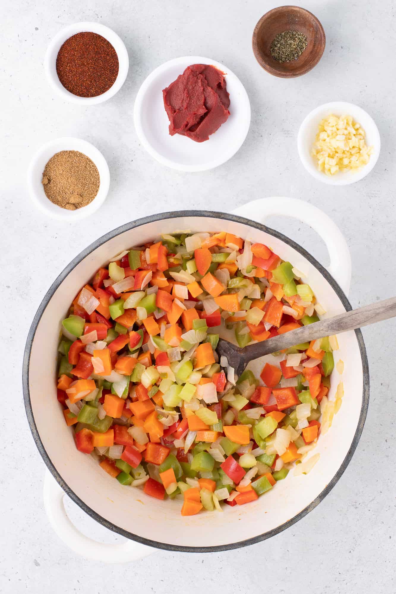Vegetables in pot, after sautéing. 