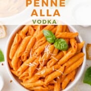 Vodka Pasta Pinterest graphic with text and photos.