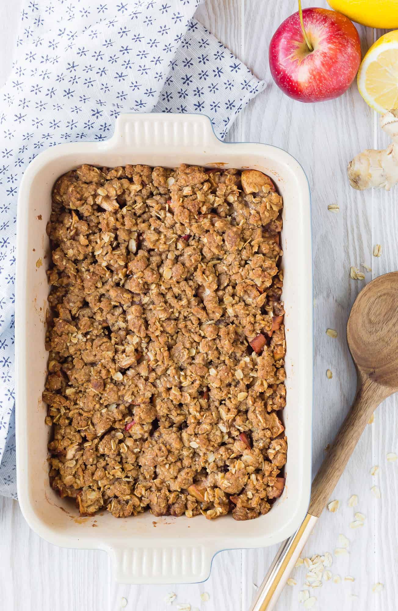 Baked apple crisp in casserole dish.