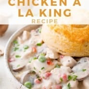 Chicken à la King Pinterest graphic with text and photos.