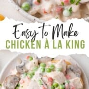 Chicken à la King Pinterest graphic with text and photos.