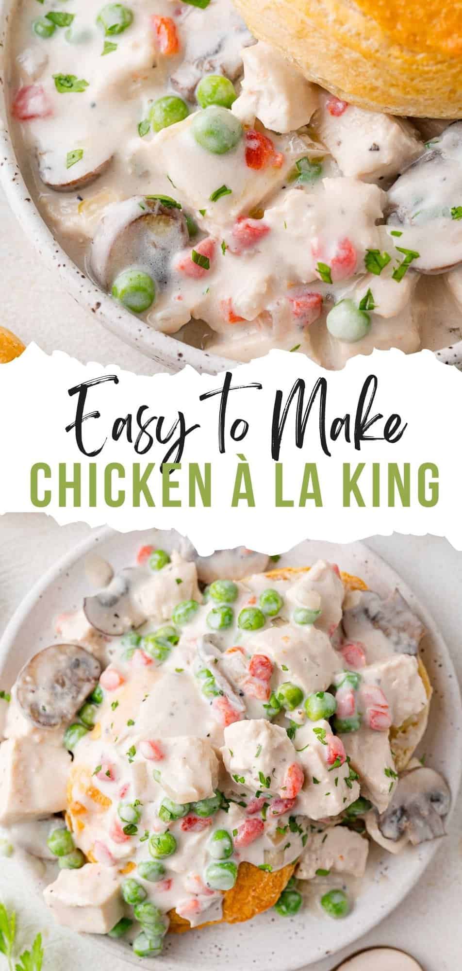 Chicken à la King Pinterest graphic with text and photos.