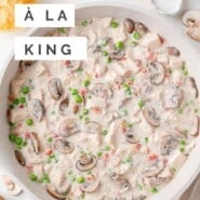 Chicken à la King Pinterest graphic with text and photos.