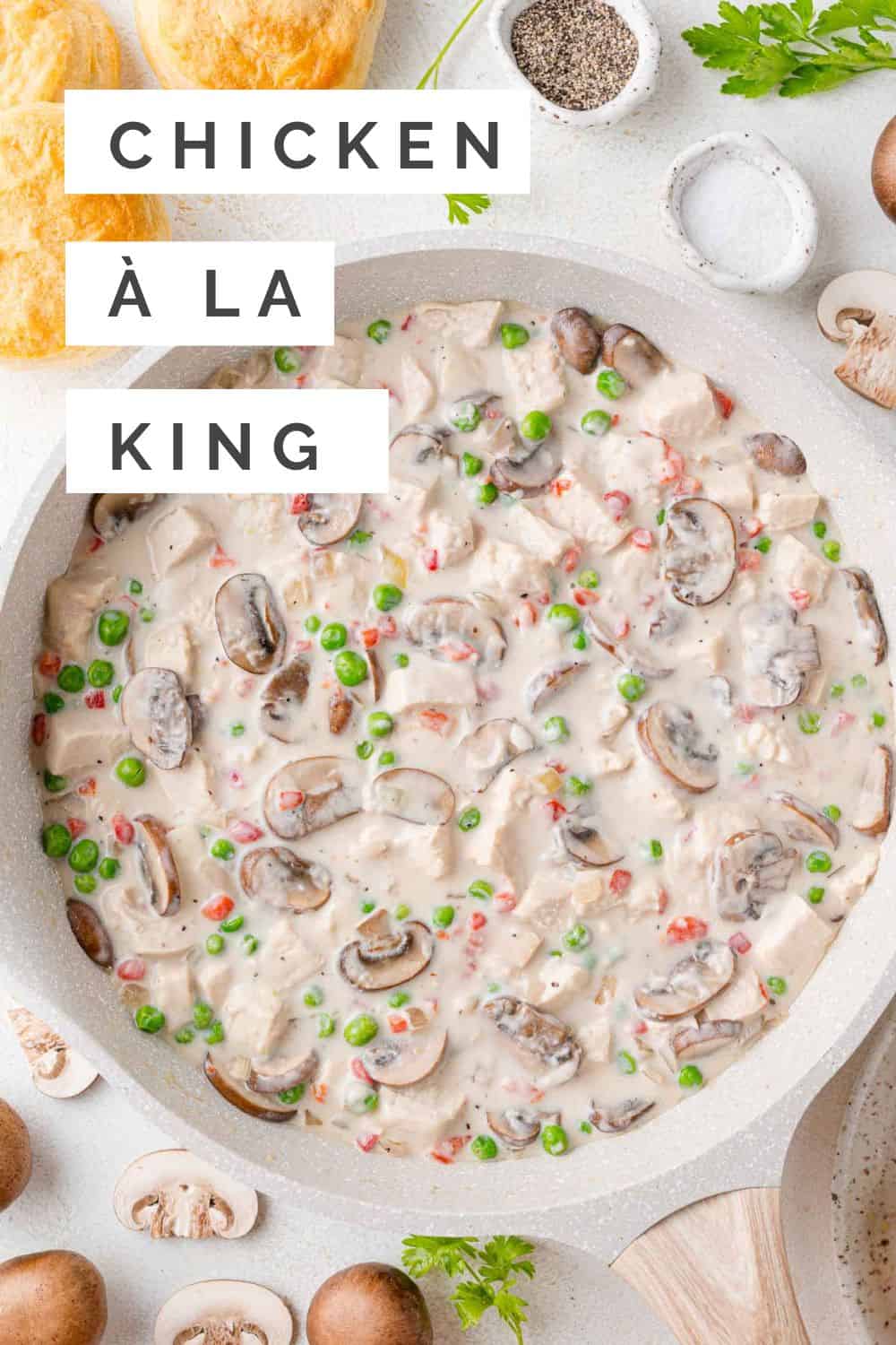 Chicken à la King Pinterest graphic with text and photos.