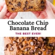 Chocolate Chip Banana Bread Pinterest graphic with text and photos.