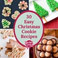 Collage of Christmas cookies, including decorated trees and stars, with a central text reading 30 Easy Christmas Cookie Recipes by Rachel Cooks.