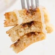 Cinnamon Roll Pancakes Pinterest graphic with text and photos.