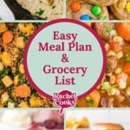 Collage of various dishes including chicken, cookies, a soup, and burgers. Central text reads Easy Meal Plan & Grocery List.