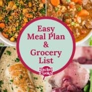 Four dishes surround text: Easy Meal Plan & Grocery List by Rachel Cooks.
