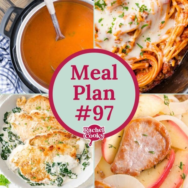 Collage of meals with Easy Meal Plan & Grocery List text in a central circle. Images include tomato soup, pasta, chicken with spinach, and sausage with apples.