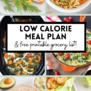Collage of low-calorie meals, including lemon salmon, soup, avocado sandwich, and lettuce wrap, with text promoting a meal plan and grocery list.