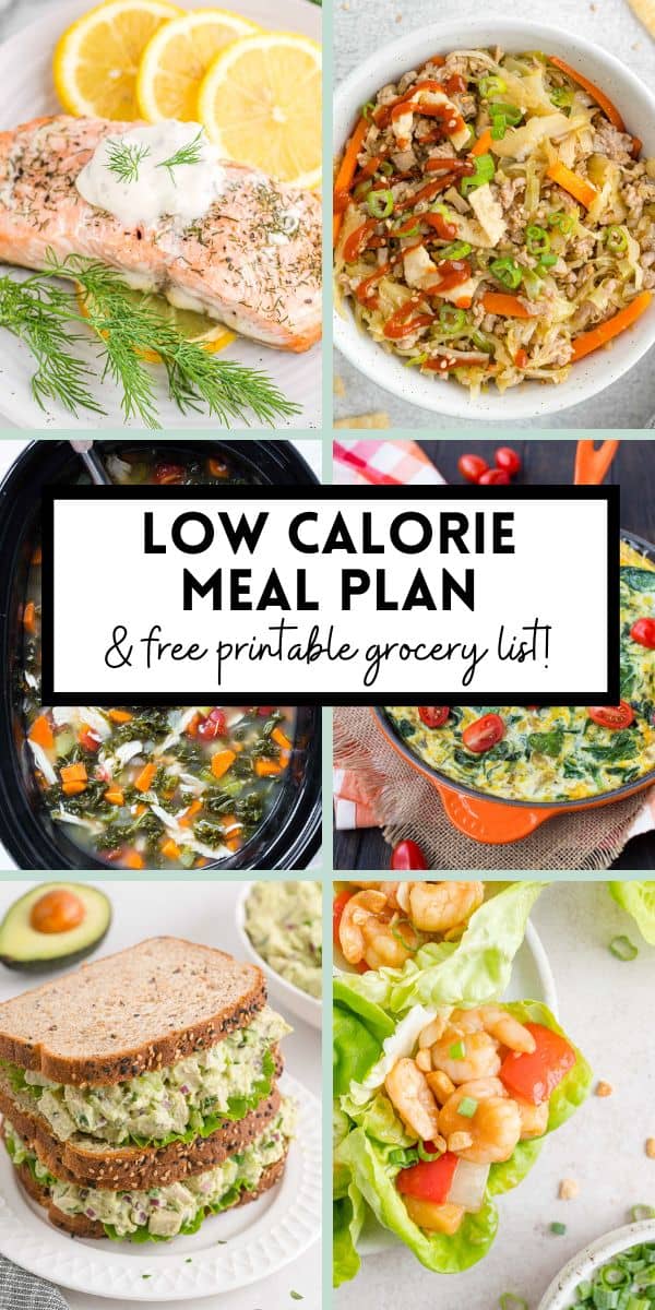Collage of low-calorie meals, including lemon salmon, soup, avocado sandwich, and lettuce wrap, with text promoting a meal plan and grocery list.