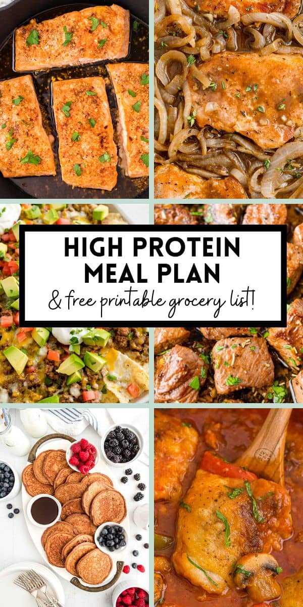 Collage of high-protein meals including salmon, chicken, beef, pancakes, with text: High Protein Meal Plan & free printable grocery list!.
