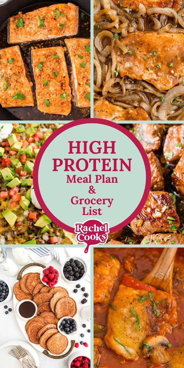 Collage of various dishes including salmon, pancakes with fruit, and nachos, with text in the center: High Protein Meal Plan & Grocery List.
