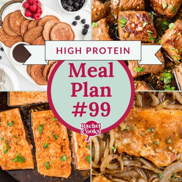Collage of high-protein meals including pancakes with berries, salmon fillets, and a meat dish with onions, labeled High Protein Meal Plan #99.