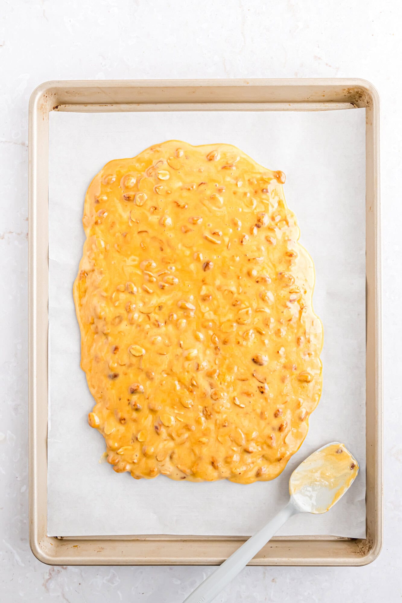 A baking sheet with a spread of peanut brittle mixture on parchment paper, with a spatula resting beside it.