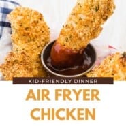 Air Fryer Chicken Tenders Pinterest graphic with text and photos.