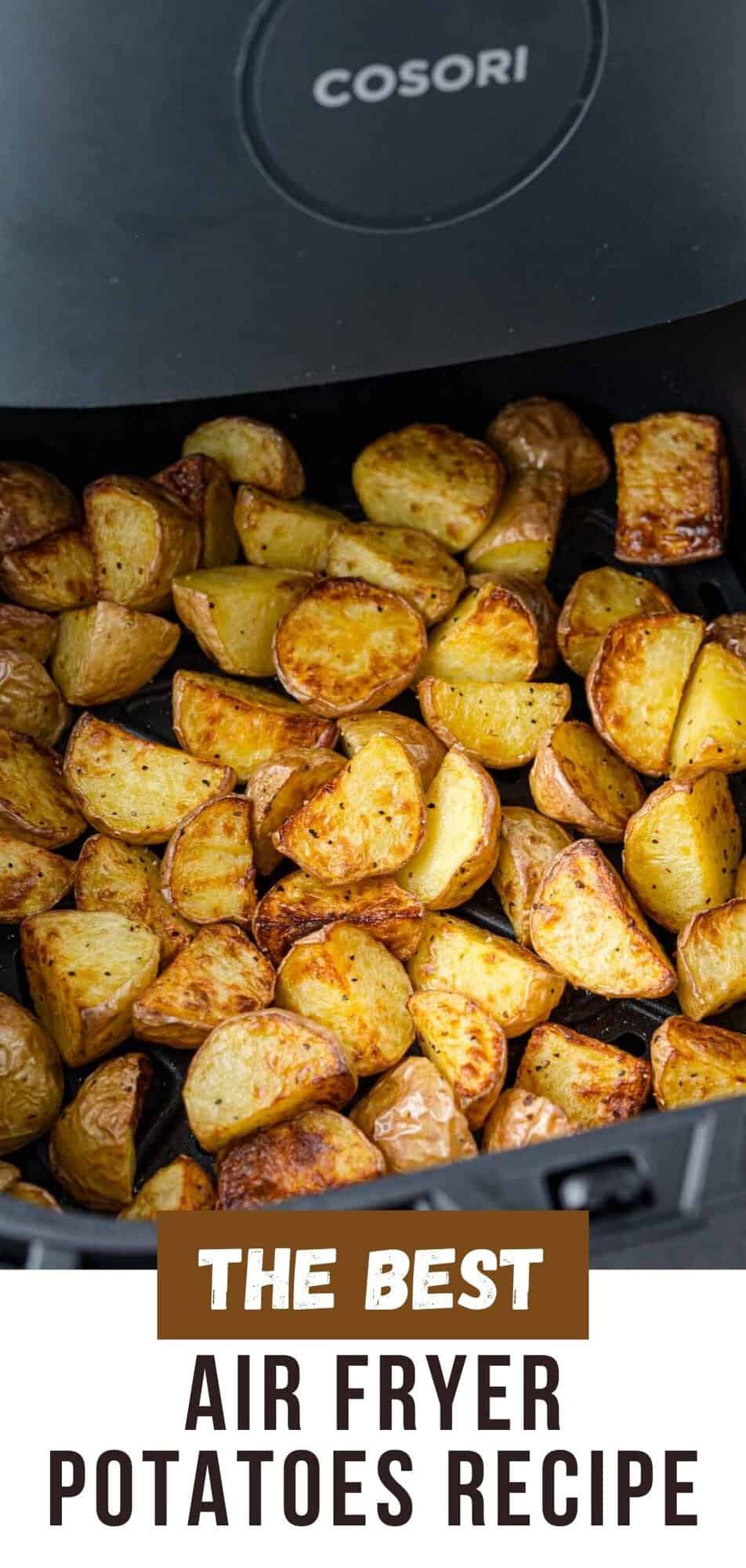 Air Fryer Potatoes Pinterest graphic with text and photos.