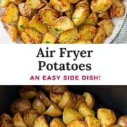 Air Fryer Potatoes Pinterest graphic with text and photos.