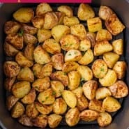 Air Fryer Potatoes Pinterest graphic with text and photos.