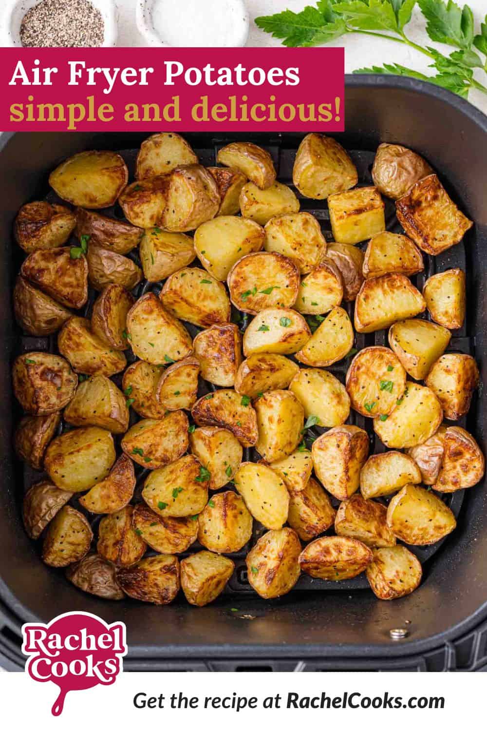 Air Fryer Potatoes Pinterest graphic with text and photos.