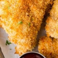 Baked Chicken Tenders Pinterest graphic with text and photos.
