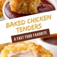 Baked Chicken Tenders Pinterest graphic with text and photos.