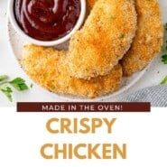 Baked Chicken Tenders Pinterest graphic with text and photos.