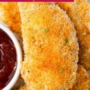 Baked Chicken Tenders Pinterest graphic with text and photos.