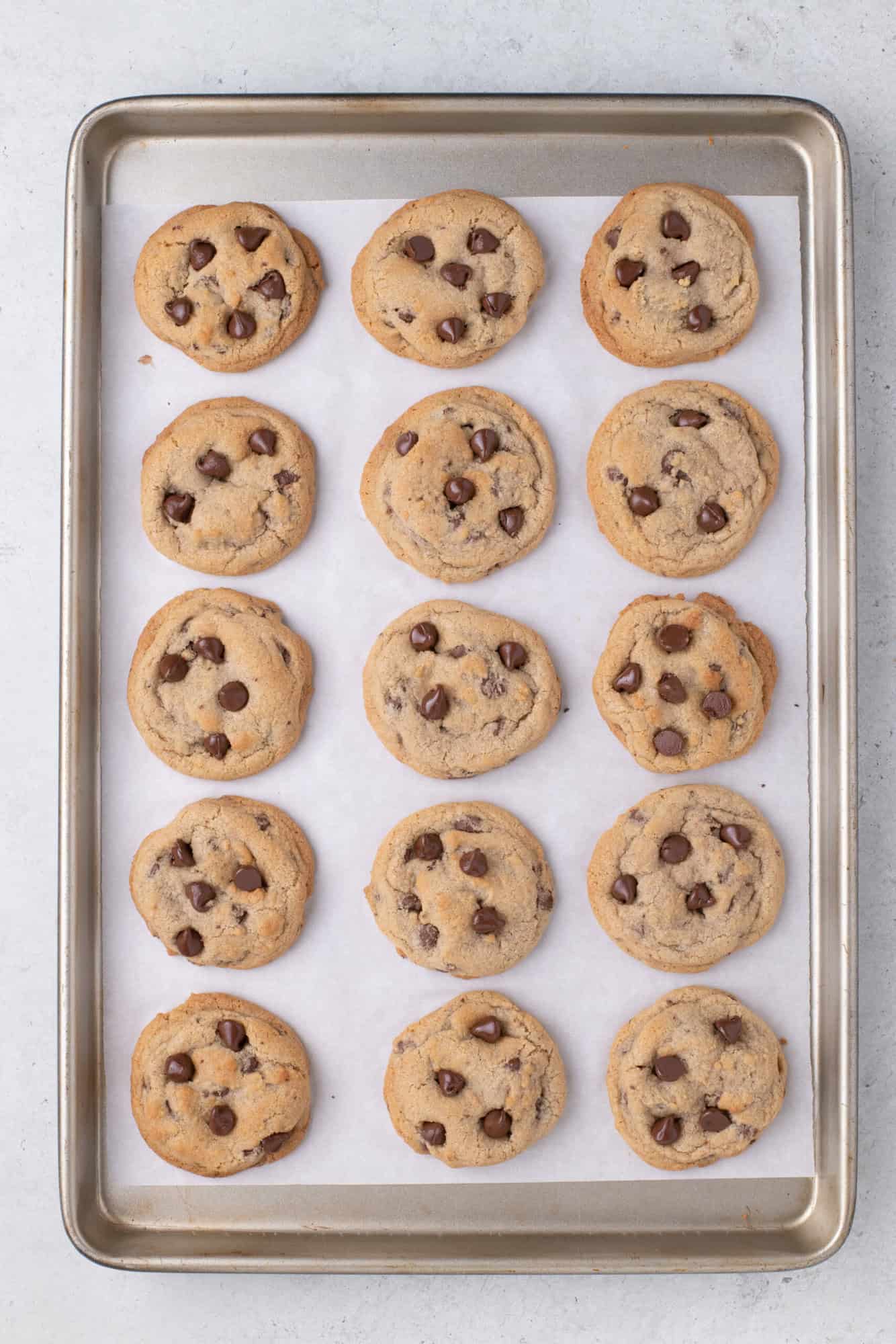 A baking tray with fifteen chocolate chip cookies arranged in rows on parchment paper.