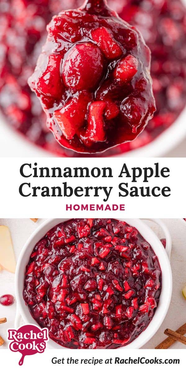 Cinnamon Apple Cranberry Sauce Pinterest graphic with text and photos.