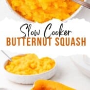 Crockpot Butternut Squash Pinterest graphic with text and photos.