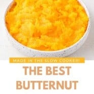 Crockpot Butternut Squash Pinterest graphic with text and photos.