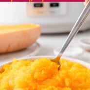 Crockpot Butternut Squash Pinterest graphic with text and photos.