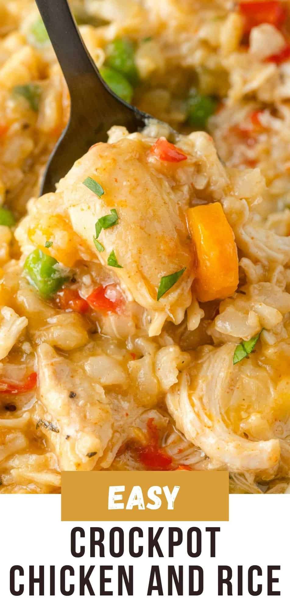 Crockpot Chicken and Rice Pinterest graphic with text and photos.